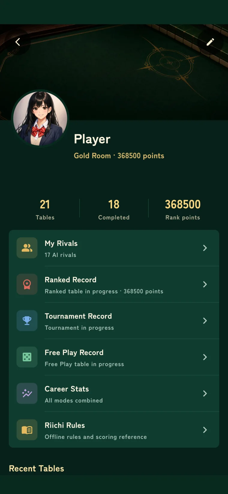 Tile Tempo player profile and riichi record screen